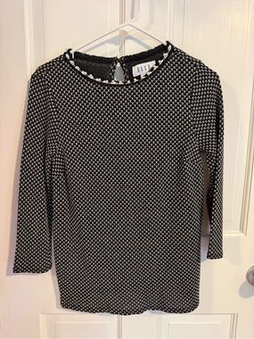 ELLE Black & White Tweed Pearl-Trim Blouse